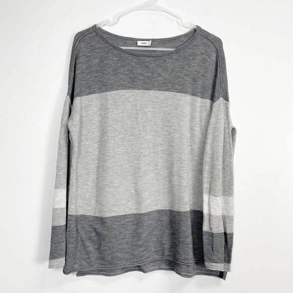 Vince Sweater Womens Large Gray Striped Cotton Round Neck Knit Flaw - Picture 1 of 10